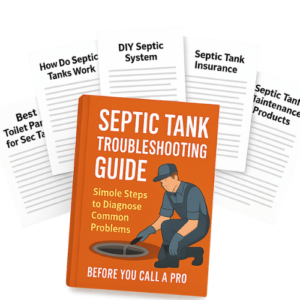 Illustration of an orange book titled "Septic Tank Troubleshooting Guide" surrounded by six fanned-out report pages with titles like "How Do Septic Tanks Work" and "Septic Tank Maintenance Products," all on a transparent background.